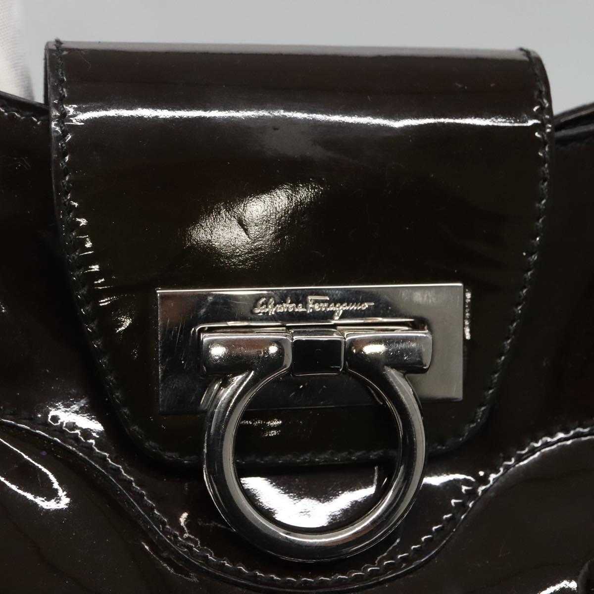 Salvatore Ferragamo Gancini Shoulder Bag Enamel Brown Silver Auth sw461