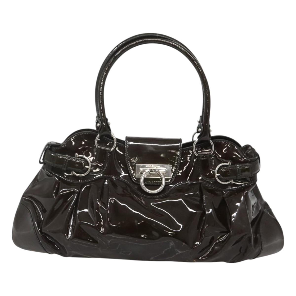 Salvatore Ferragamo Gancini Shoulder Bag Enamel Brown Silver Auth sw461