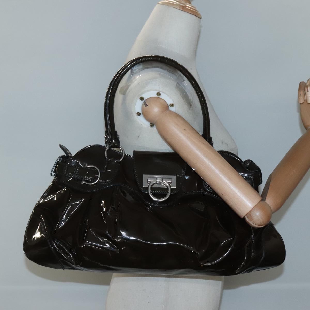 Salvatore Ferragamo Gancini Shoulder Bag Enamel Brown Silver Auth sw461