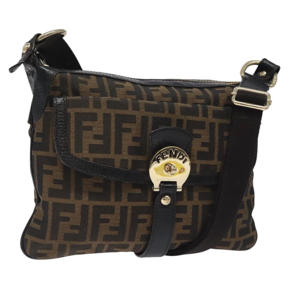 FENDI Zucca Canvas Shoulder Bag Black Brown gold Auth sw462