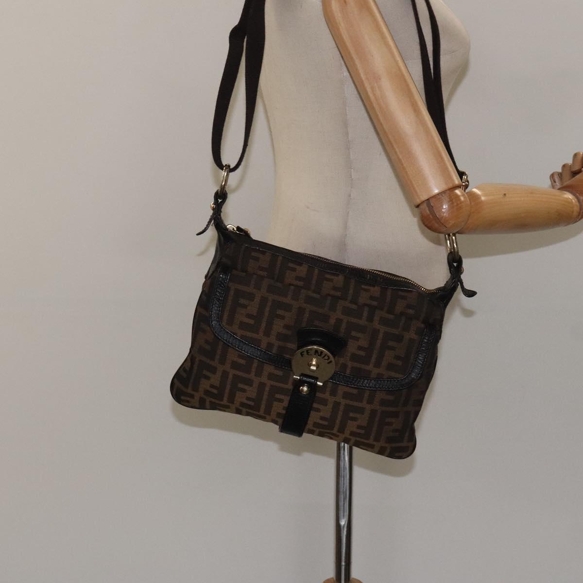 FENDI Zucca Canvas Shoulder Bag Black Brown gold Auth sw462