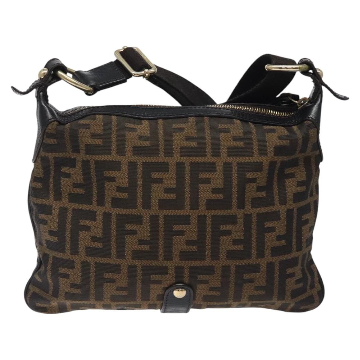 FENDI Zucca Canvas Shoulder Bag Black Brown gold Auth sw462