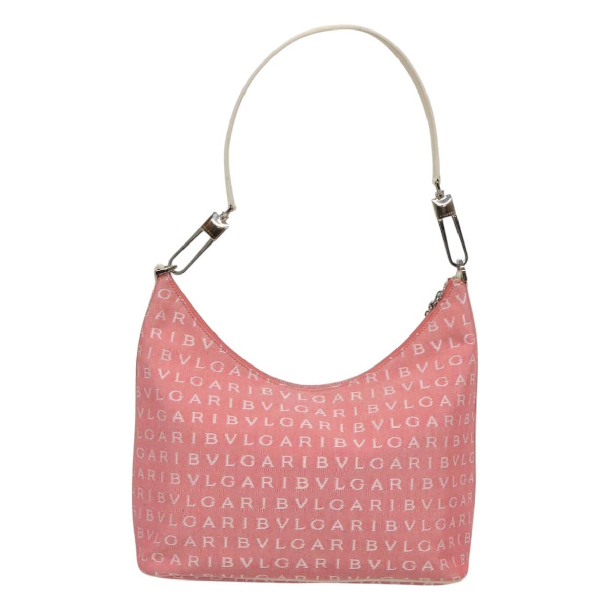 BVLGARI Logo Mania Shoulder Bag Canvas Pink Silver Auth sw464