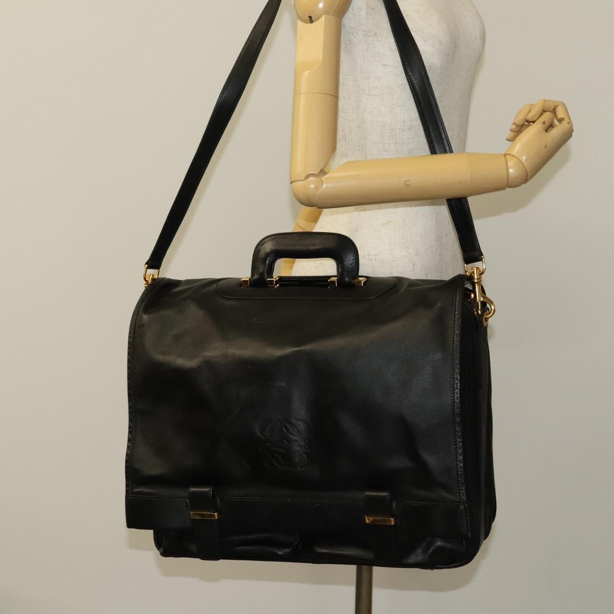 LOEWE Anagram Business Bag Leather 2way Black Gold Auth sw479