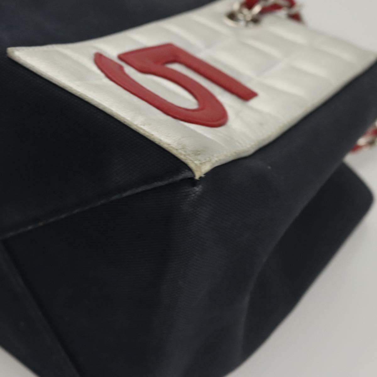 CHANEL Chain Choco Bar line Shoulder Bag Canvas Navy Silver CC Auth sw481