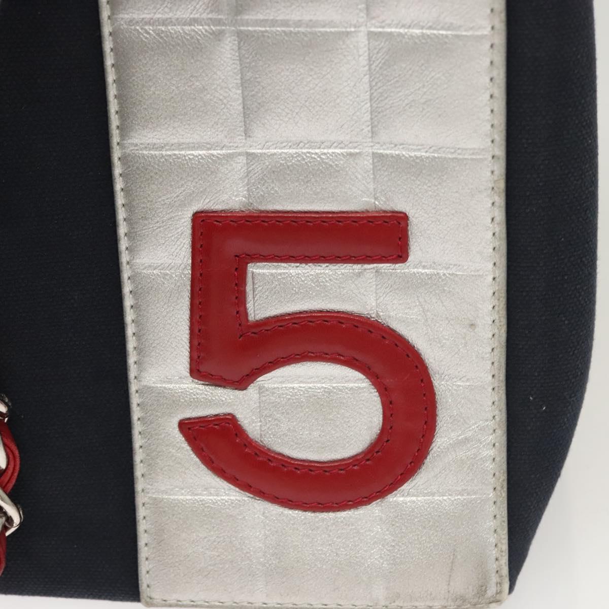 CHANEL Chain Choco Bar line Shoulder Bag Canvas Navy Silver CC Auth sw481