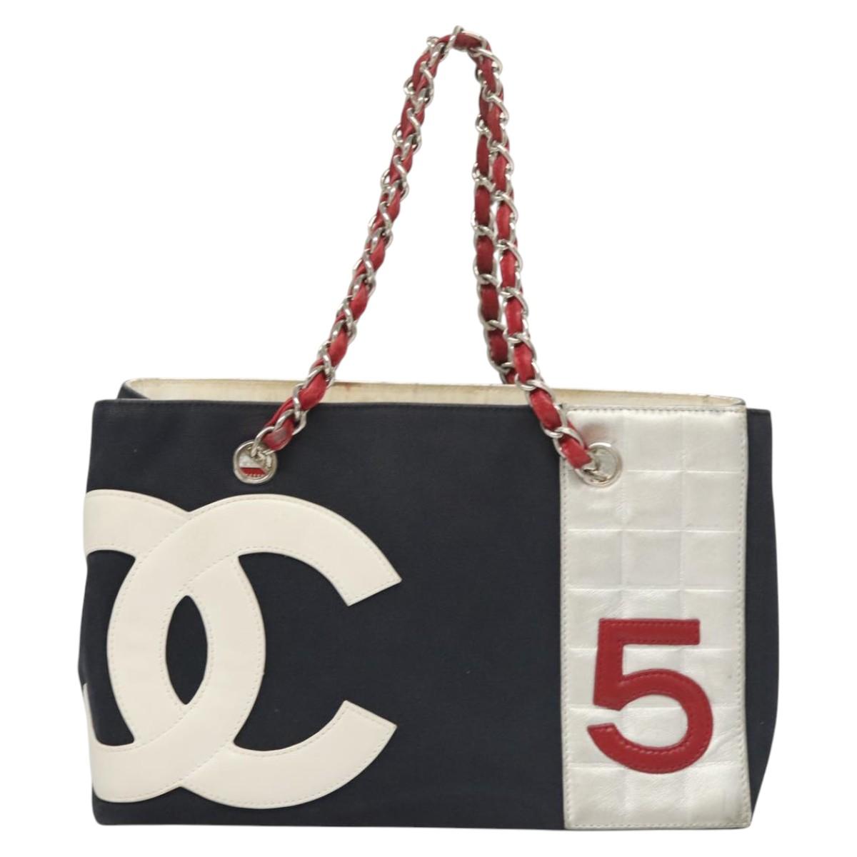 CHANEL Chain Choco Bar line Shoulder Bag Canvas Navy Silver CC Auth sw481