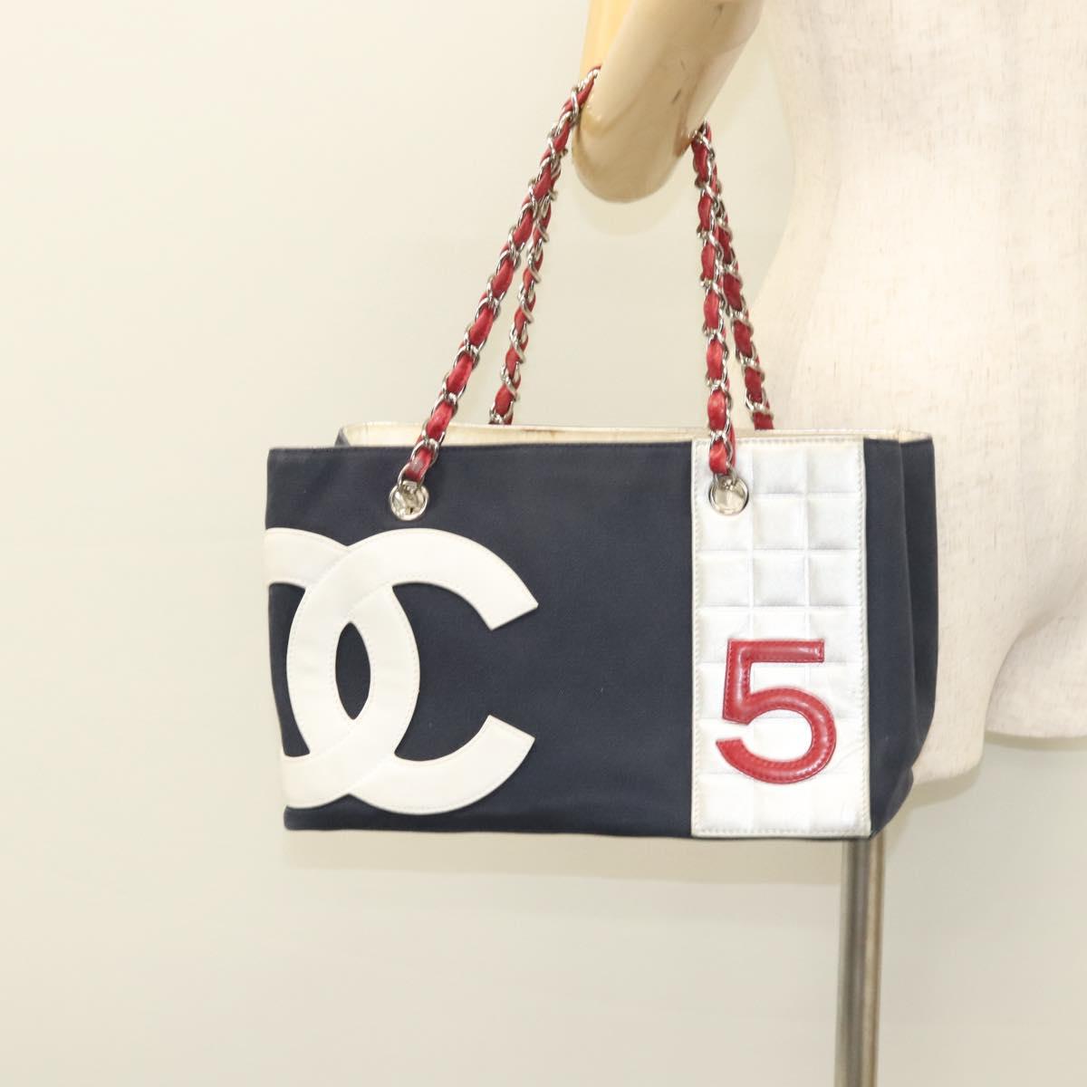 CHANEL Chain Choco Bar line Shoulder Bag Canvas Navy Silver CC Auth sw481
