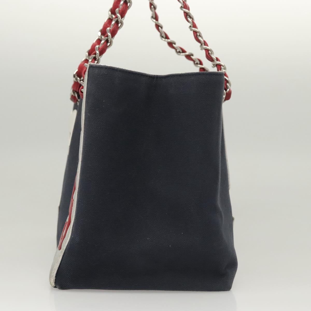 CHANEL Chain Choco Bar line Shoulder Bag Canvas Navy Silver CC Auth sw481