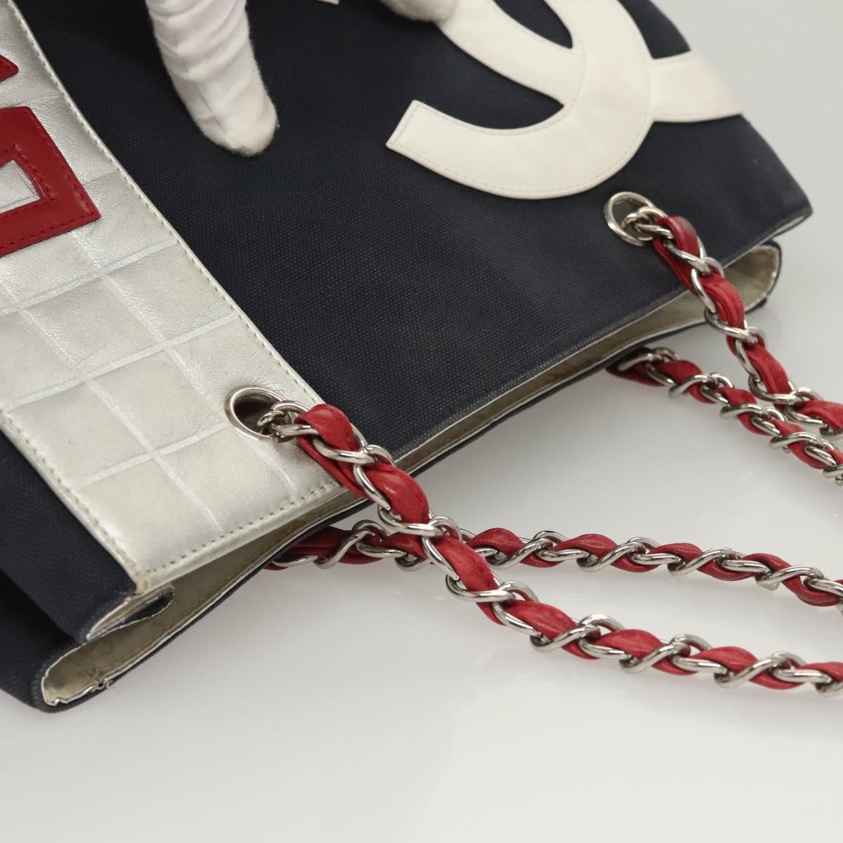 CHANEL Chain Choco Bar line Shoulder Bag Canvas Navy Silver CC Auth sw481