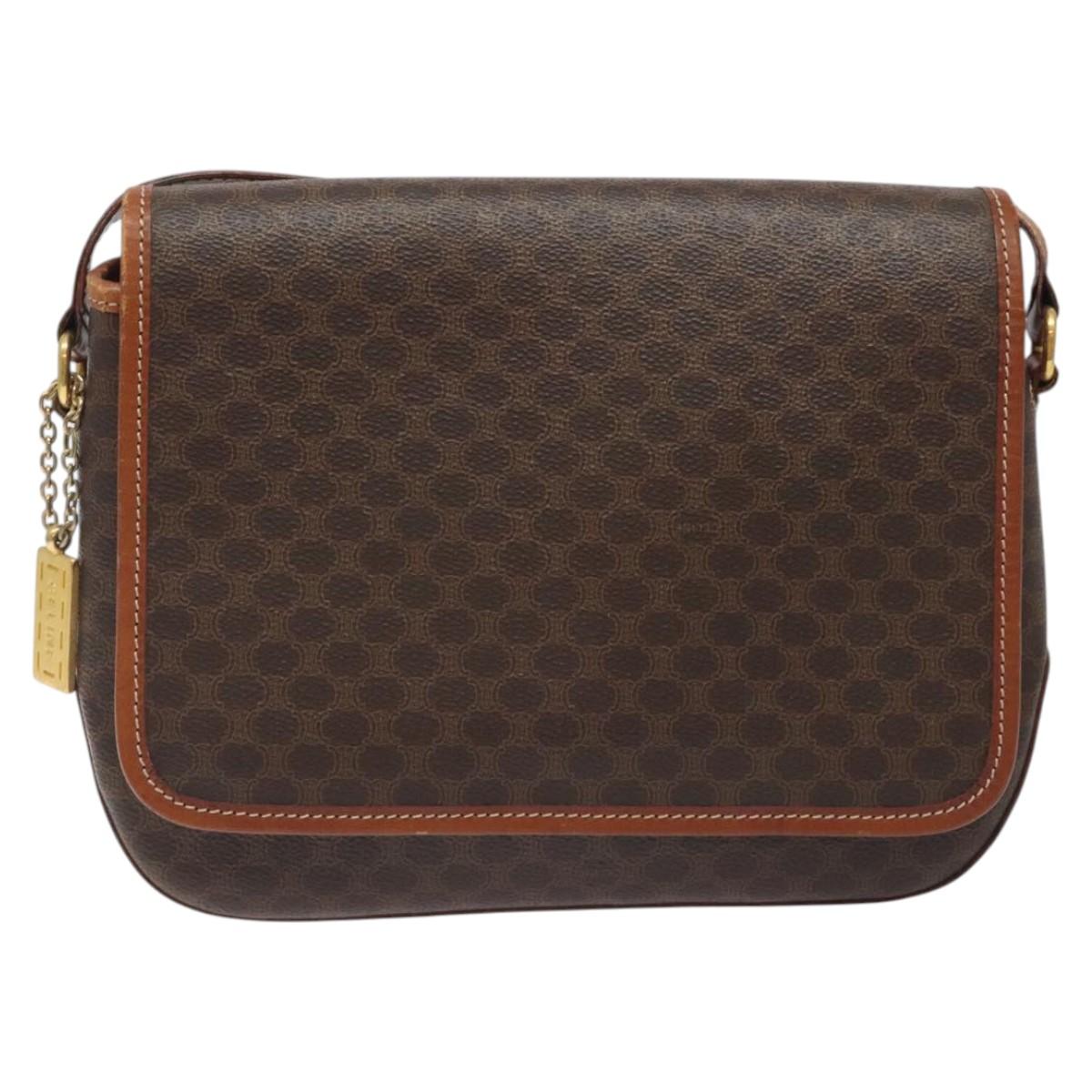 CELINE Macadam Canvas Shoulder Bag PVC Leather Brown Gold Auth sw497