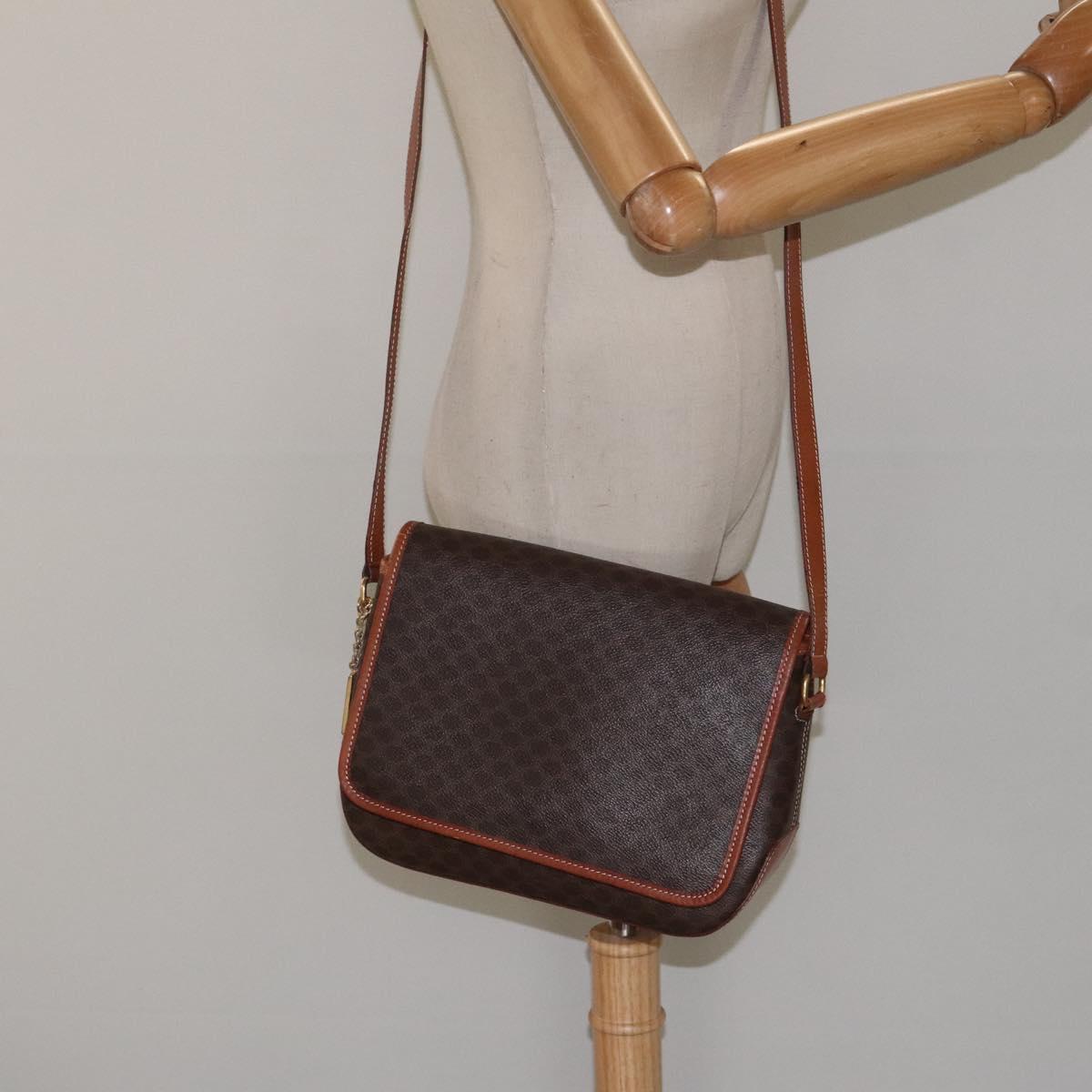CELINE Macadam Canvas Shoulder Bag PVC Leather Brown Gold Auth sw497