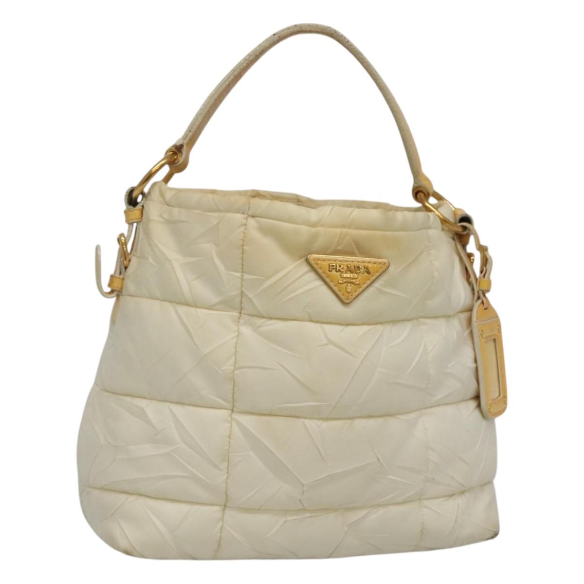 PRADA Hand Bag Nylon White Gold Auth sw500
