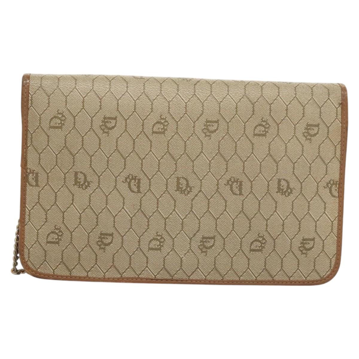 Christian Dior Honeycomb Canvas Chain Shoulder Bag PVC Leather Beige Auth sw505