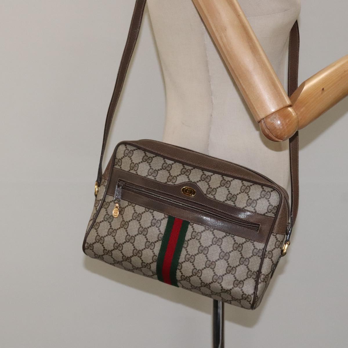 GUCCI GG Supreme Web Sherry Line Bag PVC Leather Beige Gold 14 02 005 Auth sw526