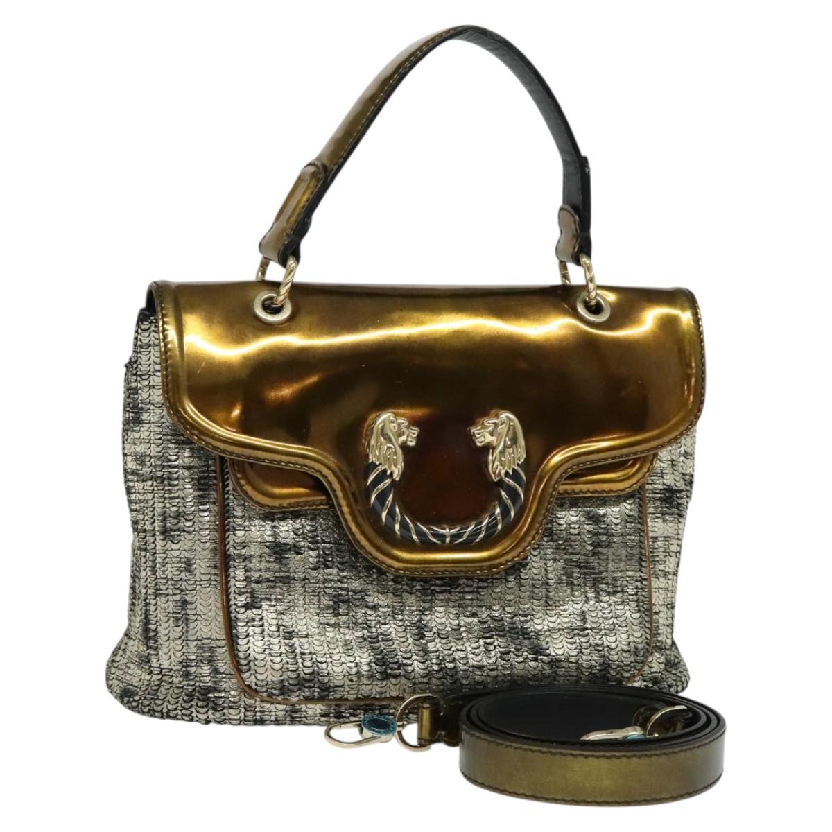 BVLGARI Leoni Hand Bag Leather 2way Gold Auth sw547