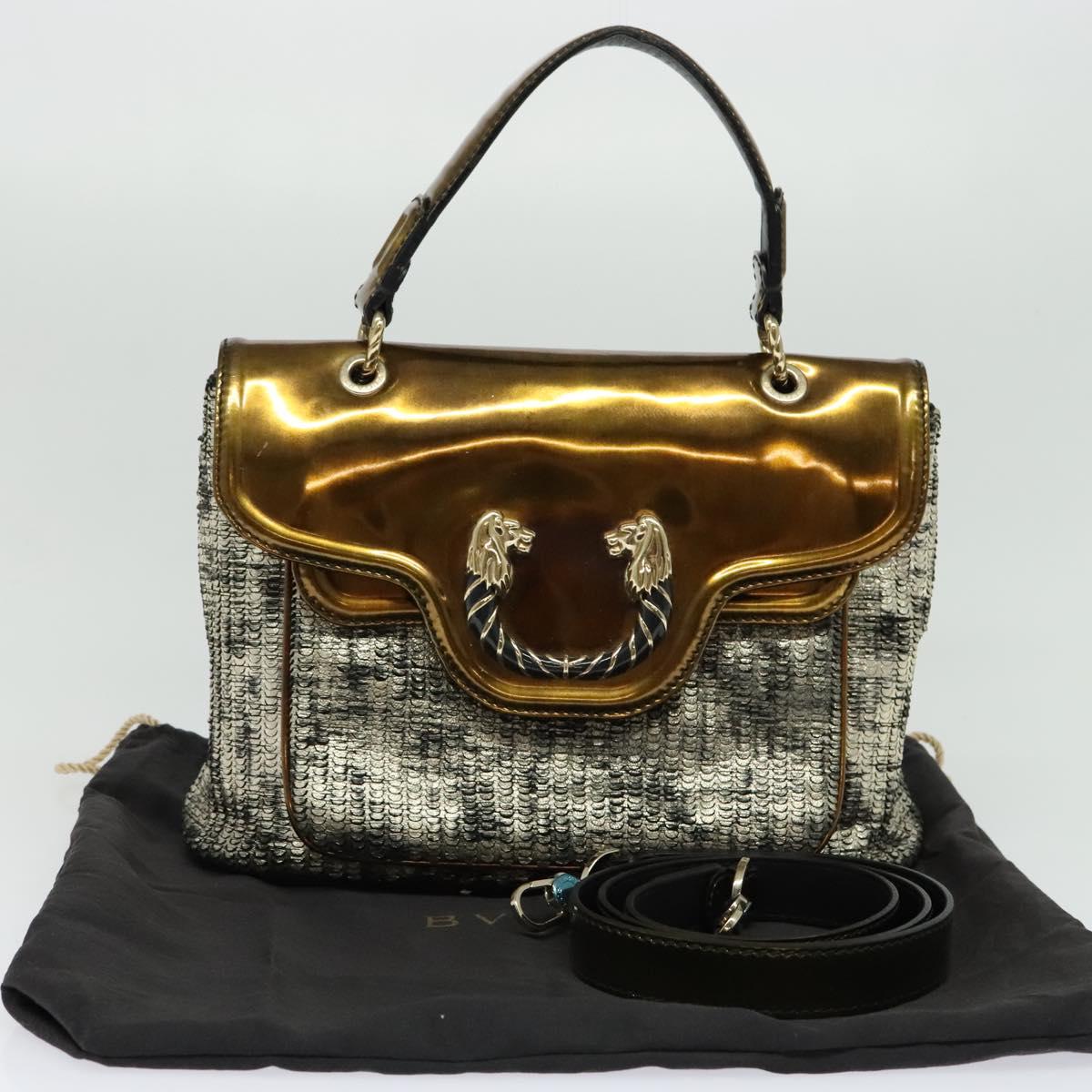 BVLGARI Leoni Hand Bag Leather 2way Gold Auth sw547