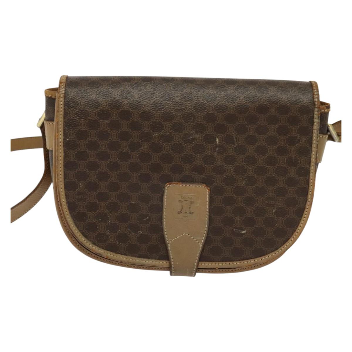 CELINE Macadam Canvas Shoulder Bag PVC Leather Brown Gold Auth sw561