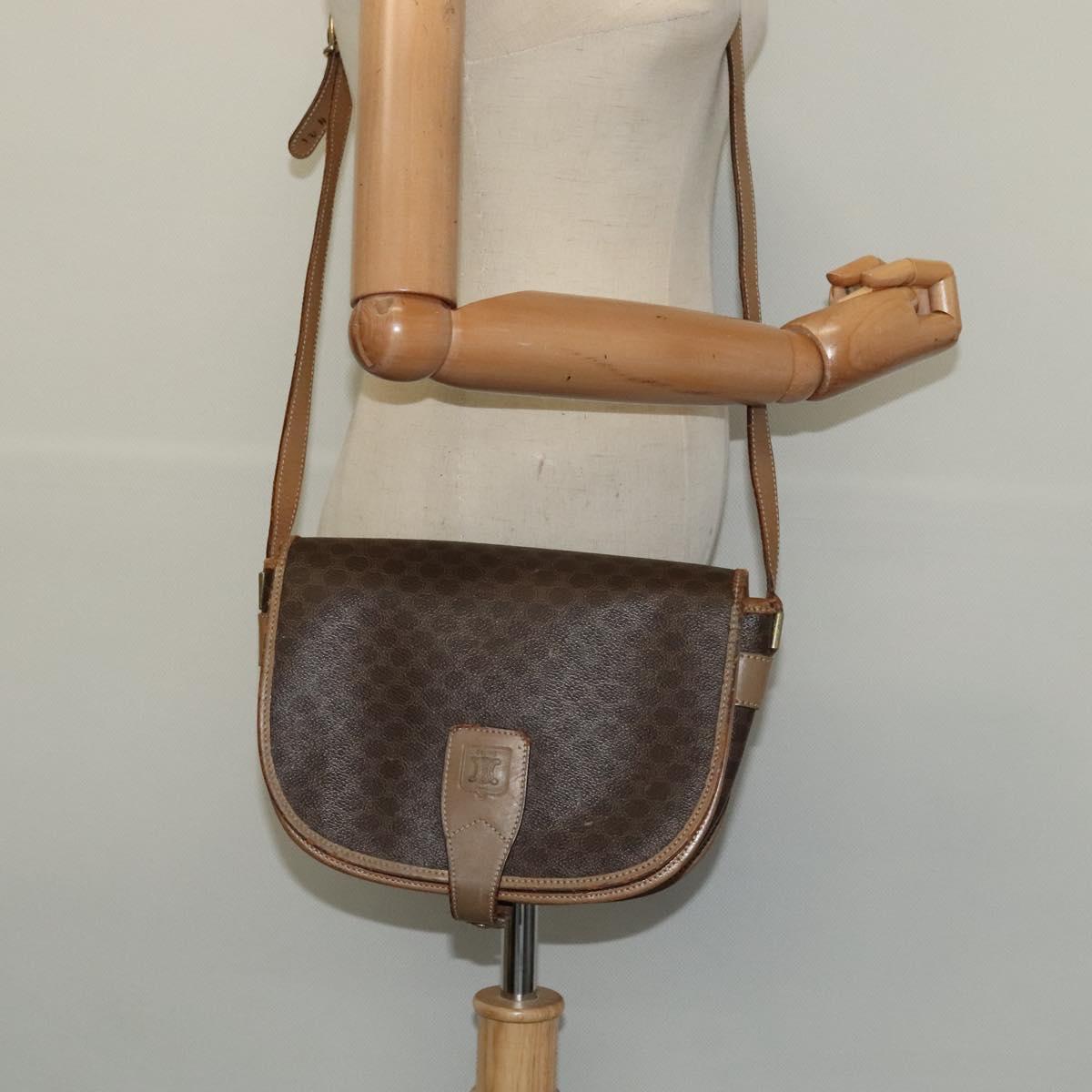 CELINE Macadam Canvas Shoulder Bag PVC Leather Brown Gold Auth sw561