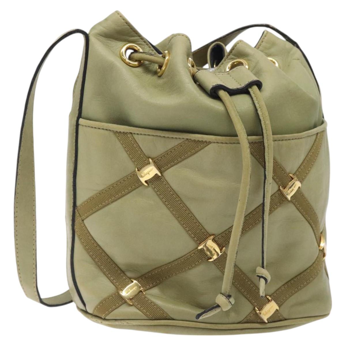 Salvatore Ferragamo Shoulder Bag Leather Green Gold Auth sw600