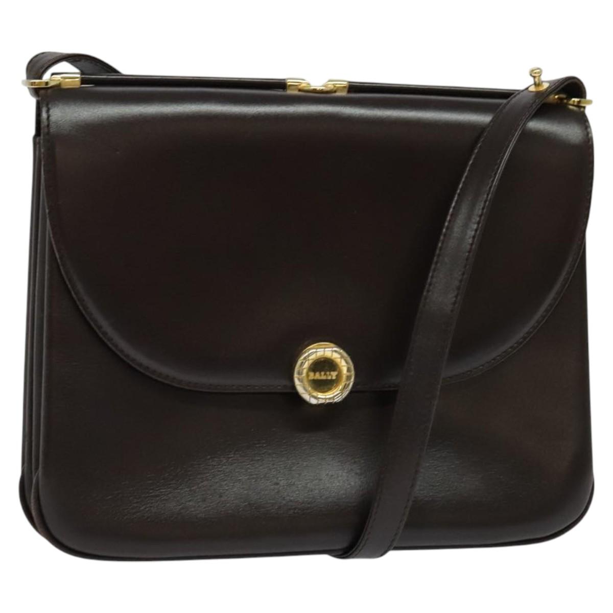 BALLY Shoulder Bag Leather Brown Gold Auth sw625