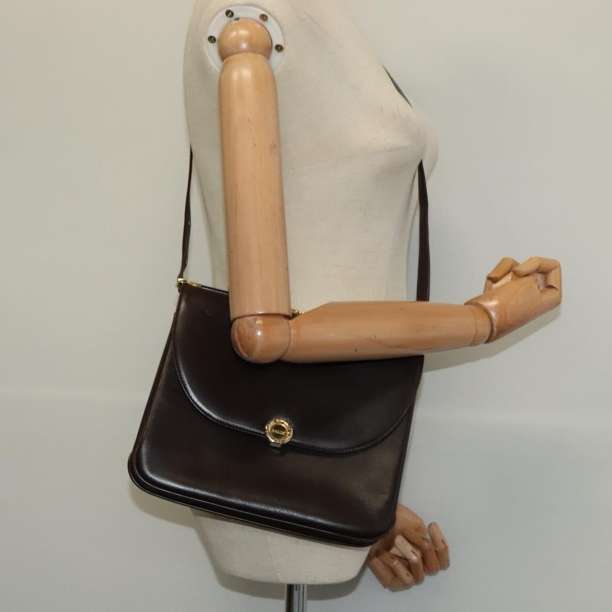 BALLY Shoulder Bag Leather Brown Gold Auth sw625