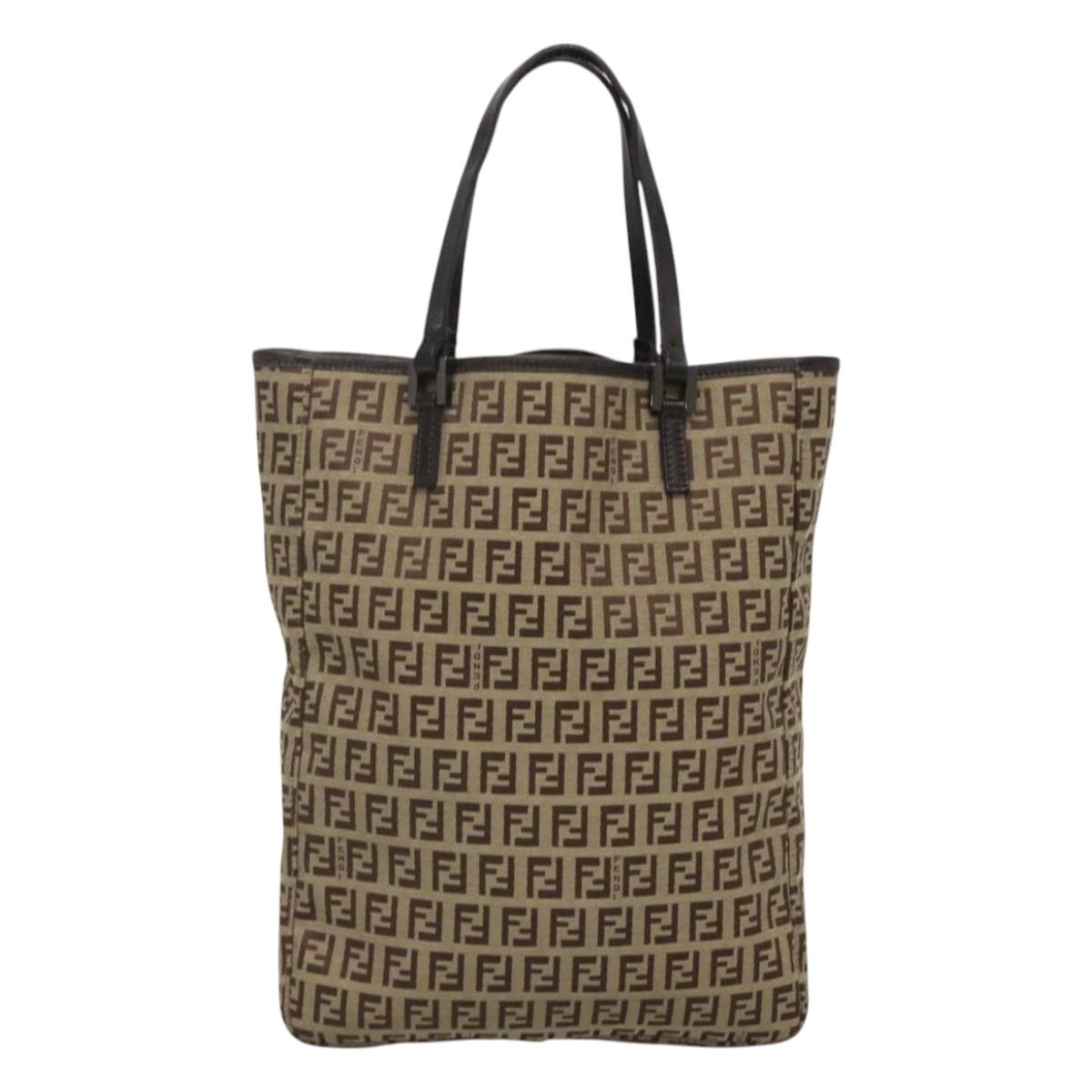 FENDI Zucchino Canvas Tote Bag Beige Silver Auth sw631