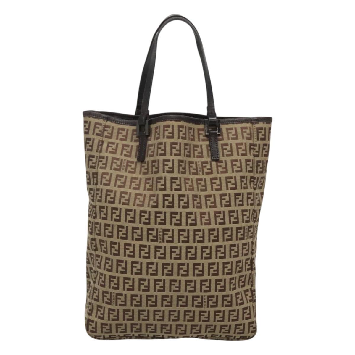 FENDI Zucchino Canvas Tote Bag Beige Silver Auth sw631