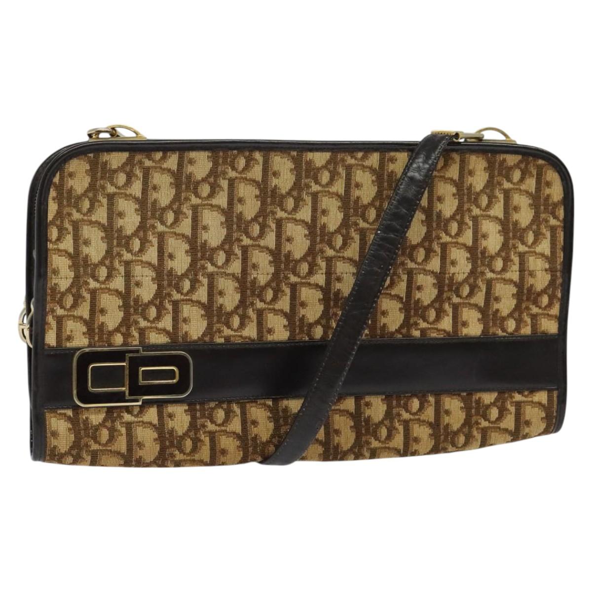 Christian Dior Trotter Canvas Shoulder Bag Brown Gold Auth sw647