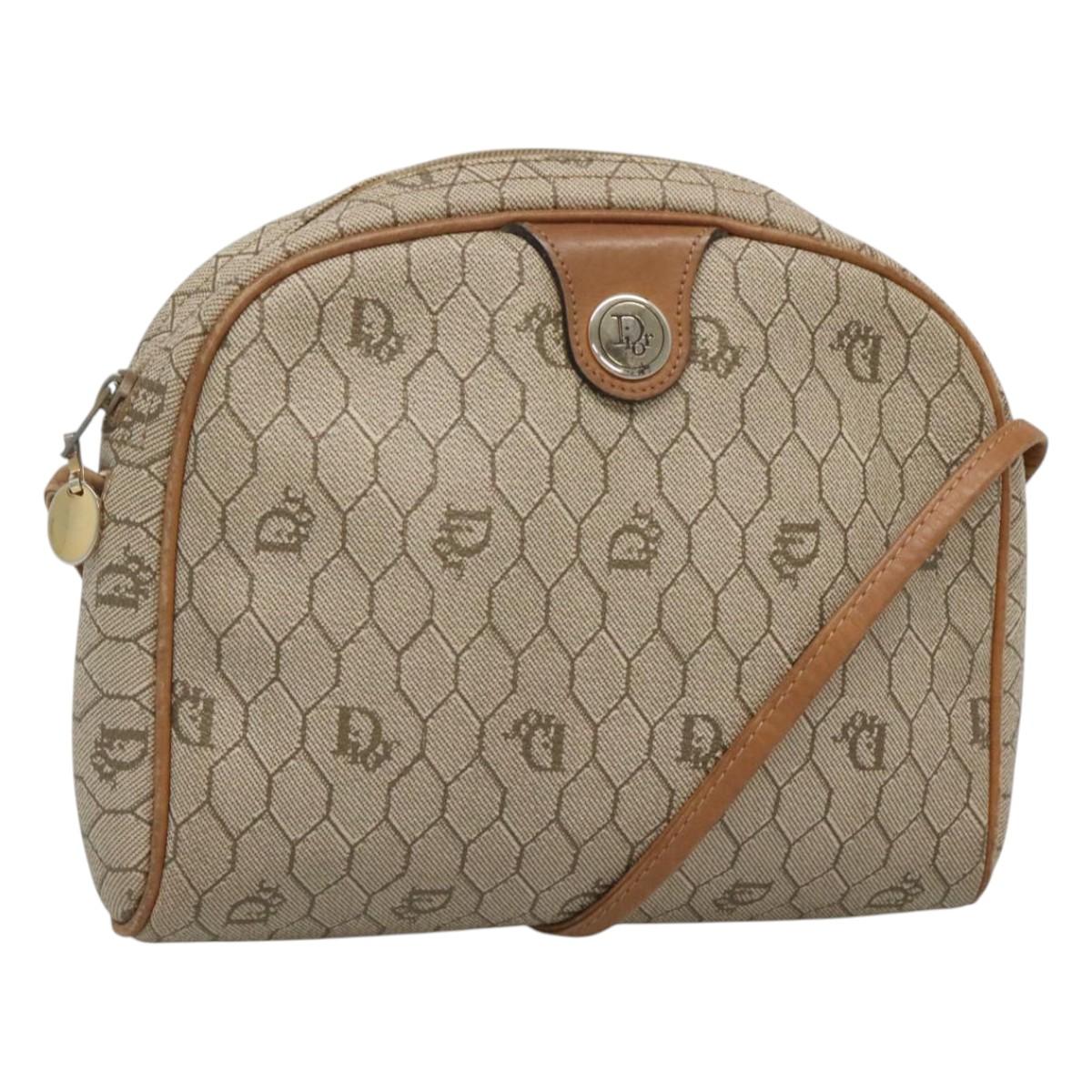 Christian Dior Honeycomb Canvas Shoulder Bag PVC Beige Gold Auth sw649