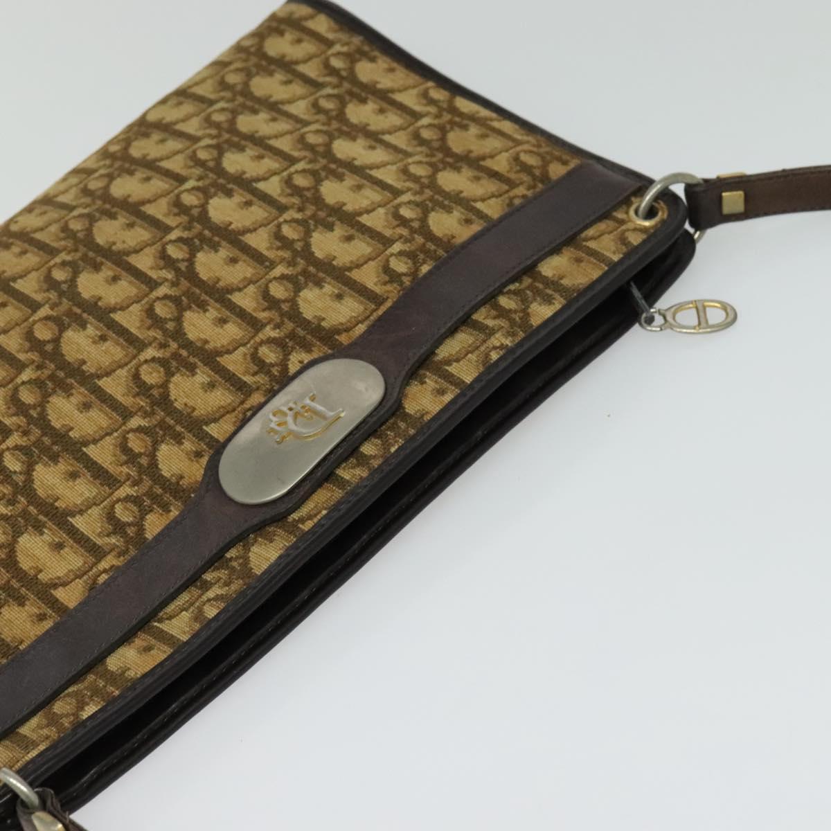 Christian Dior Trotter Canvas Shoulder Bag Brown Gold Auth sw662