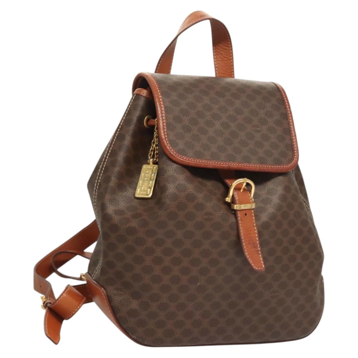 CELINE Macadam Canvas Backpack PVC Leather Brown Gold Auth sw678