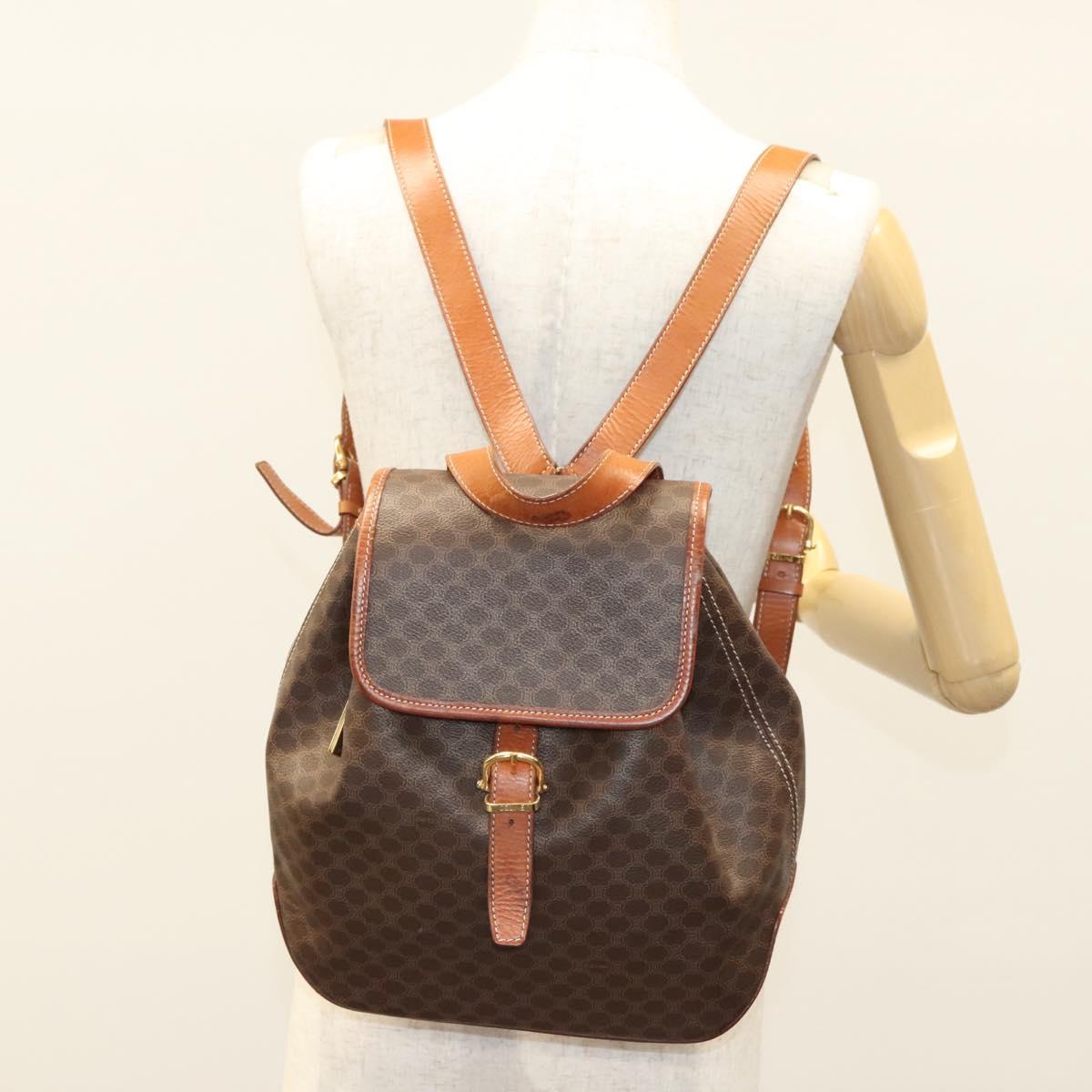 CELINE Macadam Canvas Backpack PVC Leather Brown Gold Auth sw678