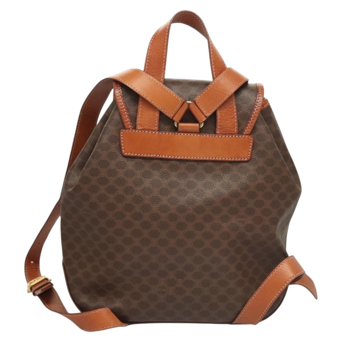 CELINE Macadam Canvas Backpack PVC Leather Brown Gold Auth sw678