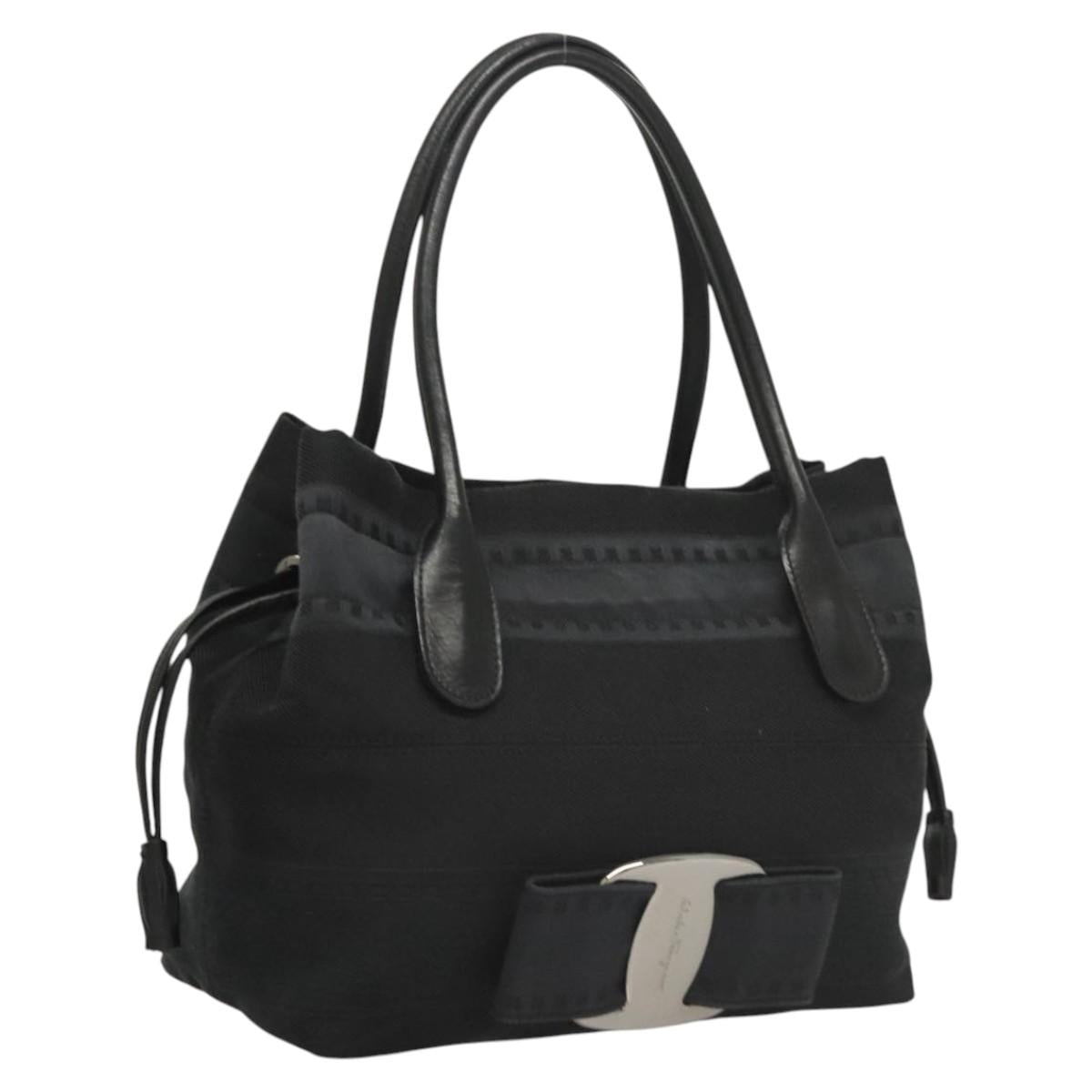 Salvatore Ferragamo Hand Bag Canvas Navy Silver Auth sw699