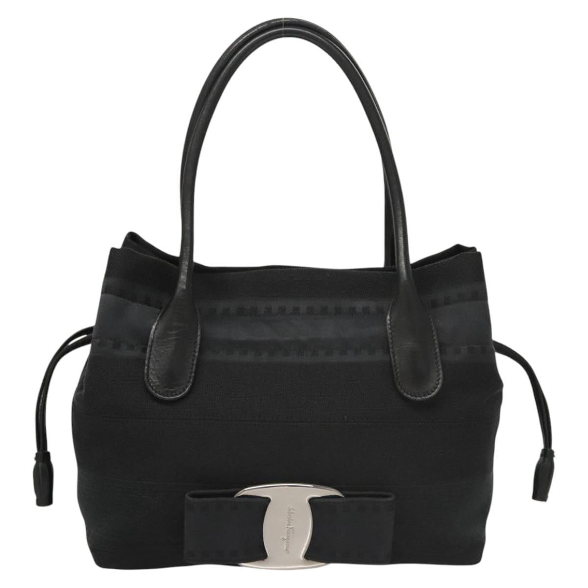 Salvatore Ferragamo Hand Bag Canvas Navy Silver Auth sw699