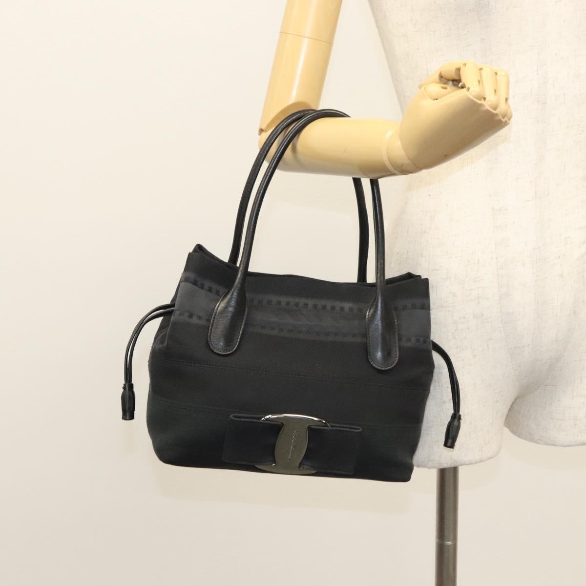 Salvatore Ferragamo Hand Bag Canvas Navy Silver Auth sw699