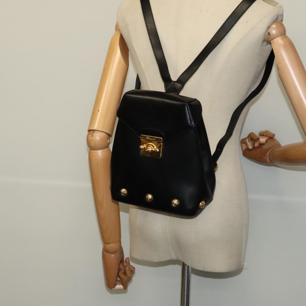 Salvatore Ferragamo Backpack Leather Black Gold Auth sw700