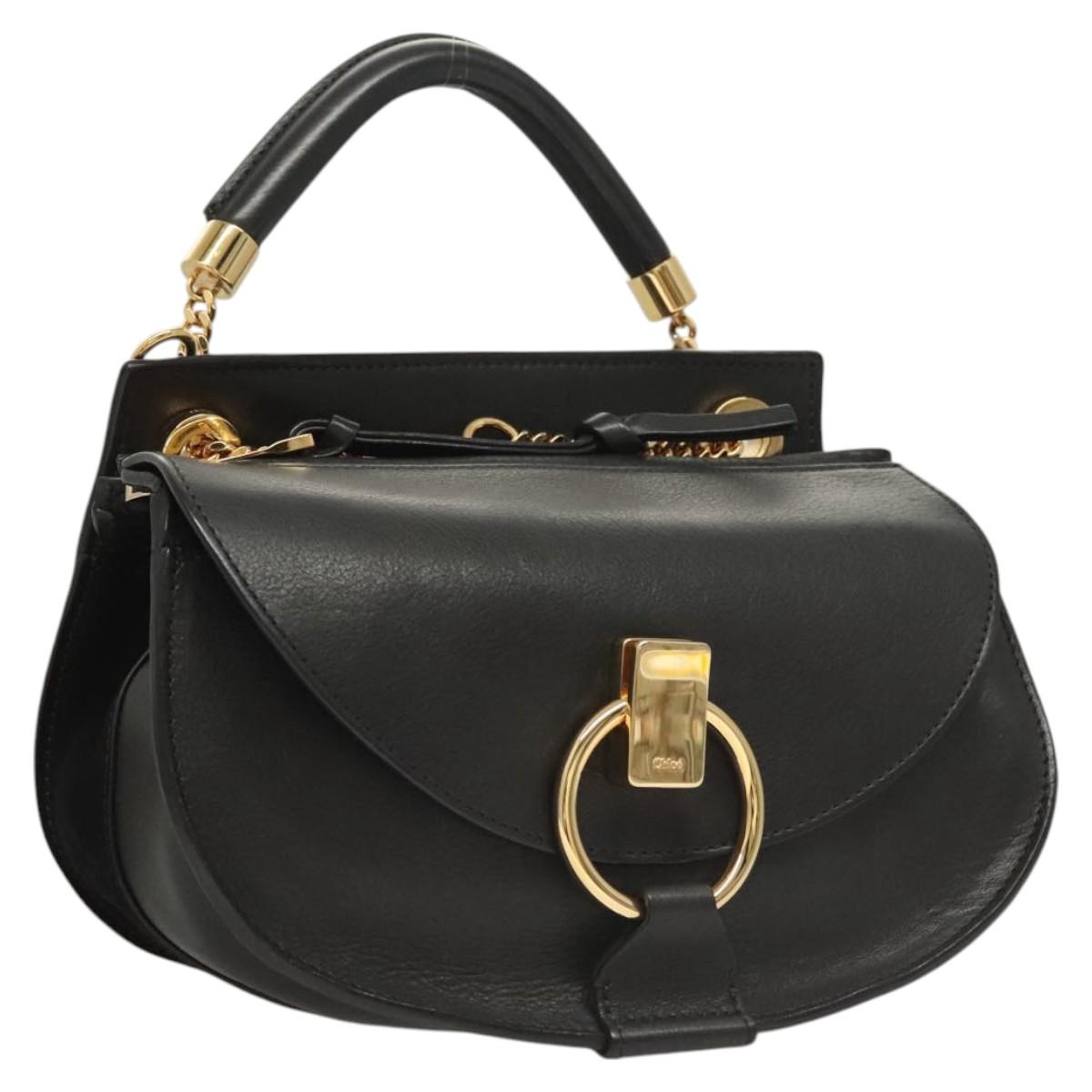 Chloe Goldie Hand Bag Leather Black Gold Auth sw713