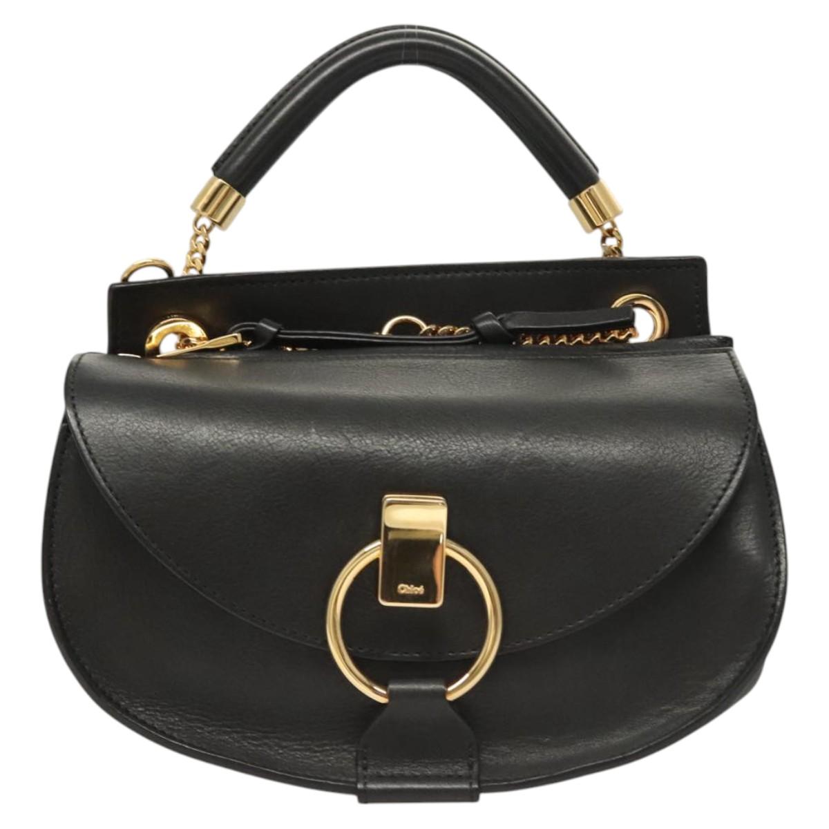 Chloe Goldie Hand Bag Leather Black Gold Auth sw713