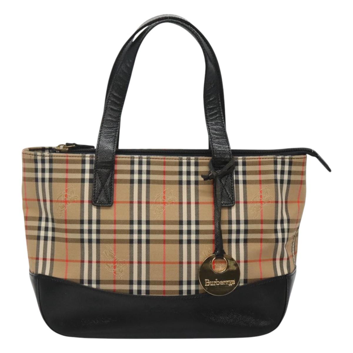 Burberrys Nova Check Hand Bag Canvas Beige Gold Auth sw745