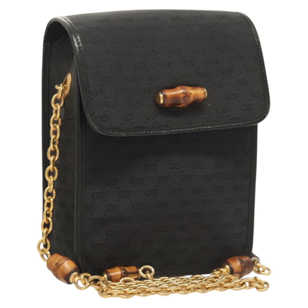 GUCCI Micro GG Canvas Bamboo Shoulder Bag PVC Black Gold Auth sw753