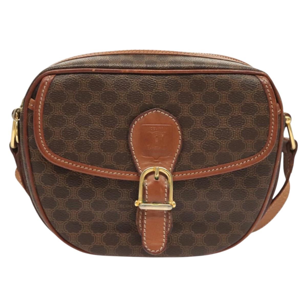 CELINE Macadam Canvas Shoulder Bag PVC Brown Gold Auth sw759