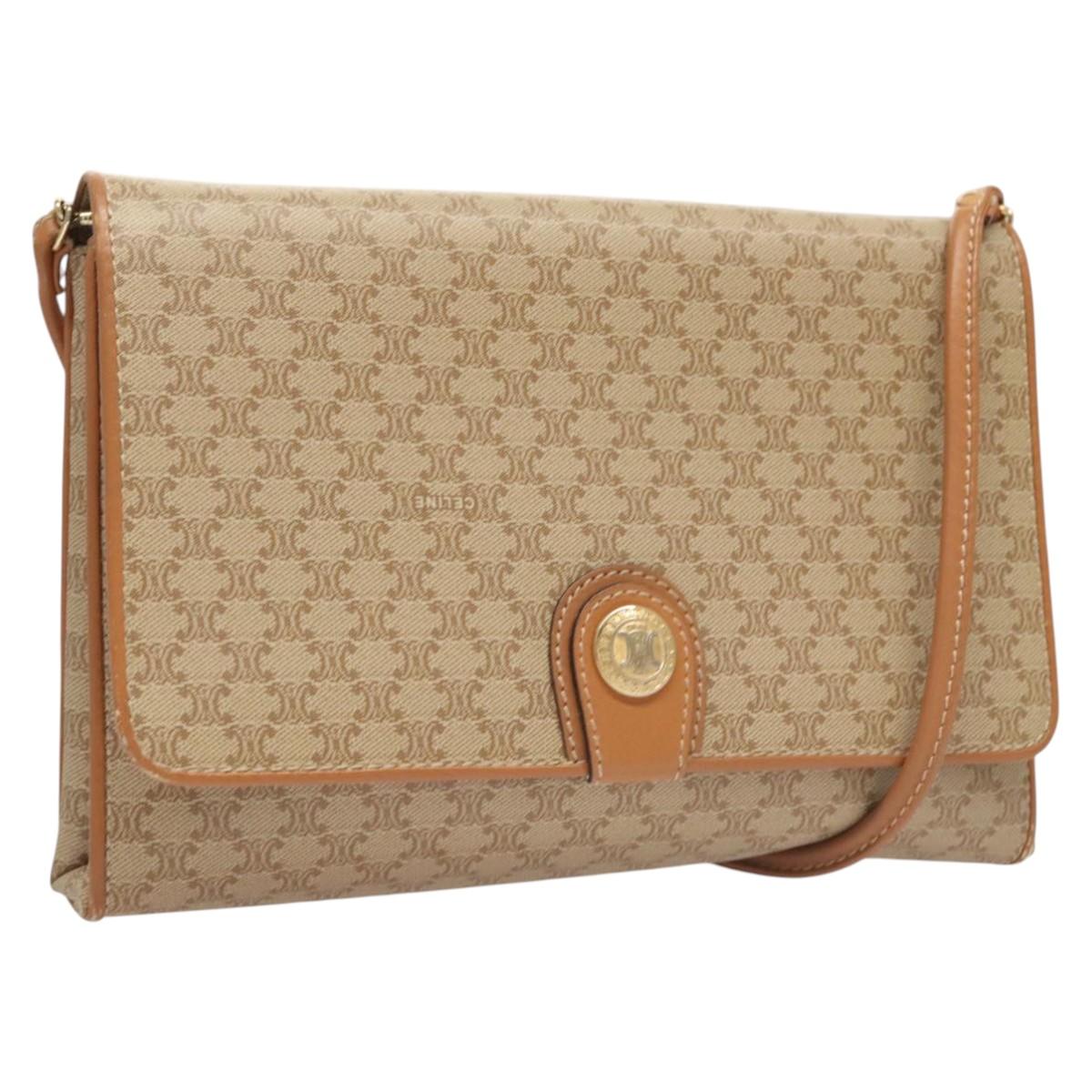 CELINE Macadam Canvas Shoulder Bag PVC Beige Gold Auth sw761