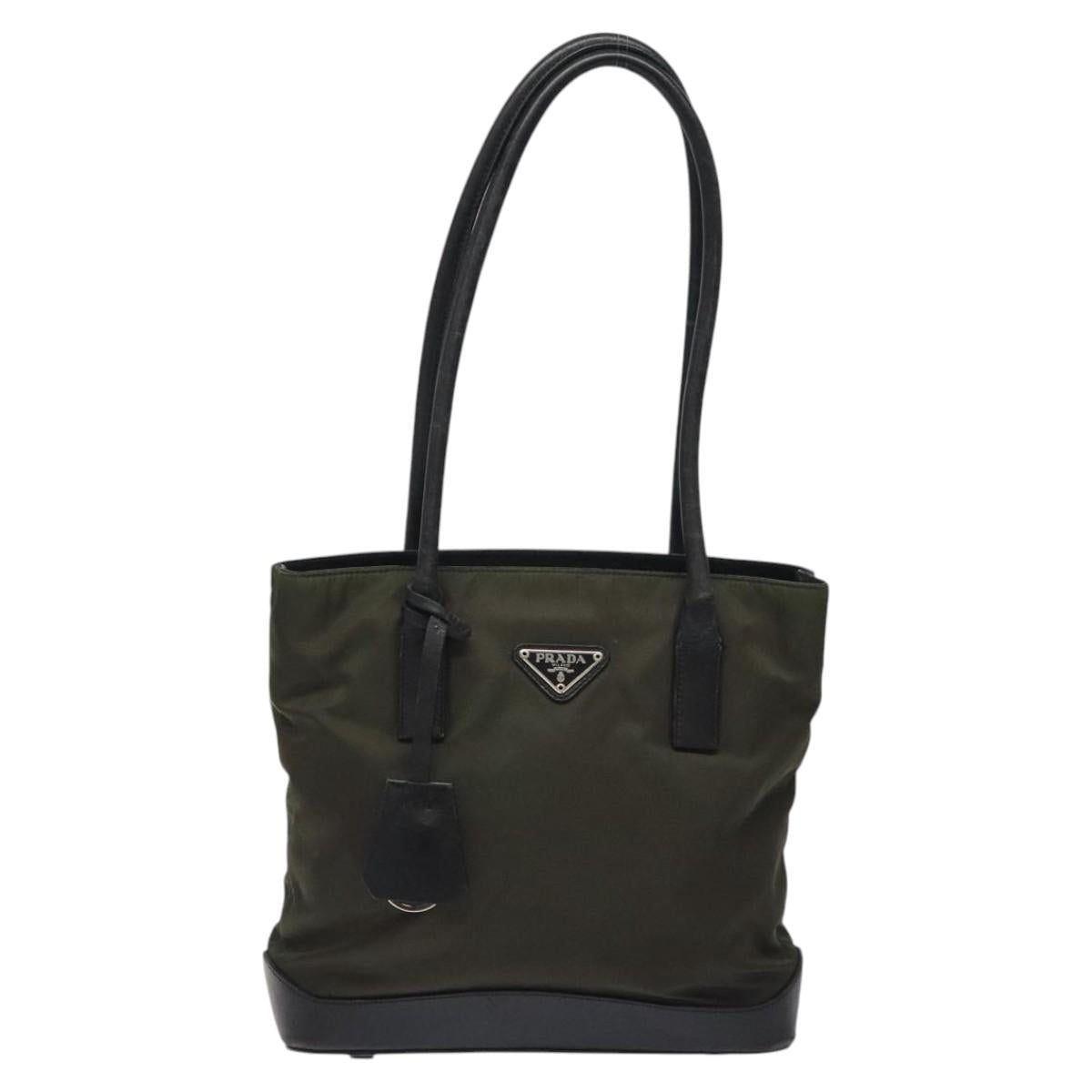 PRADA Tote Bag Nylon Khaki Silver Auth SW785