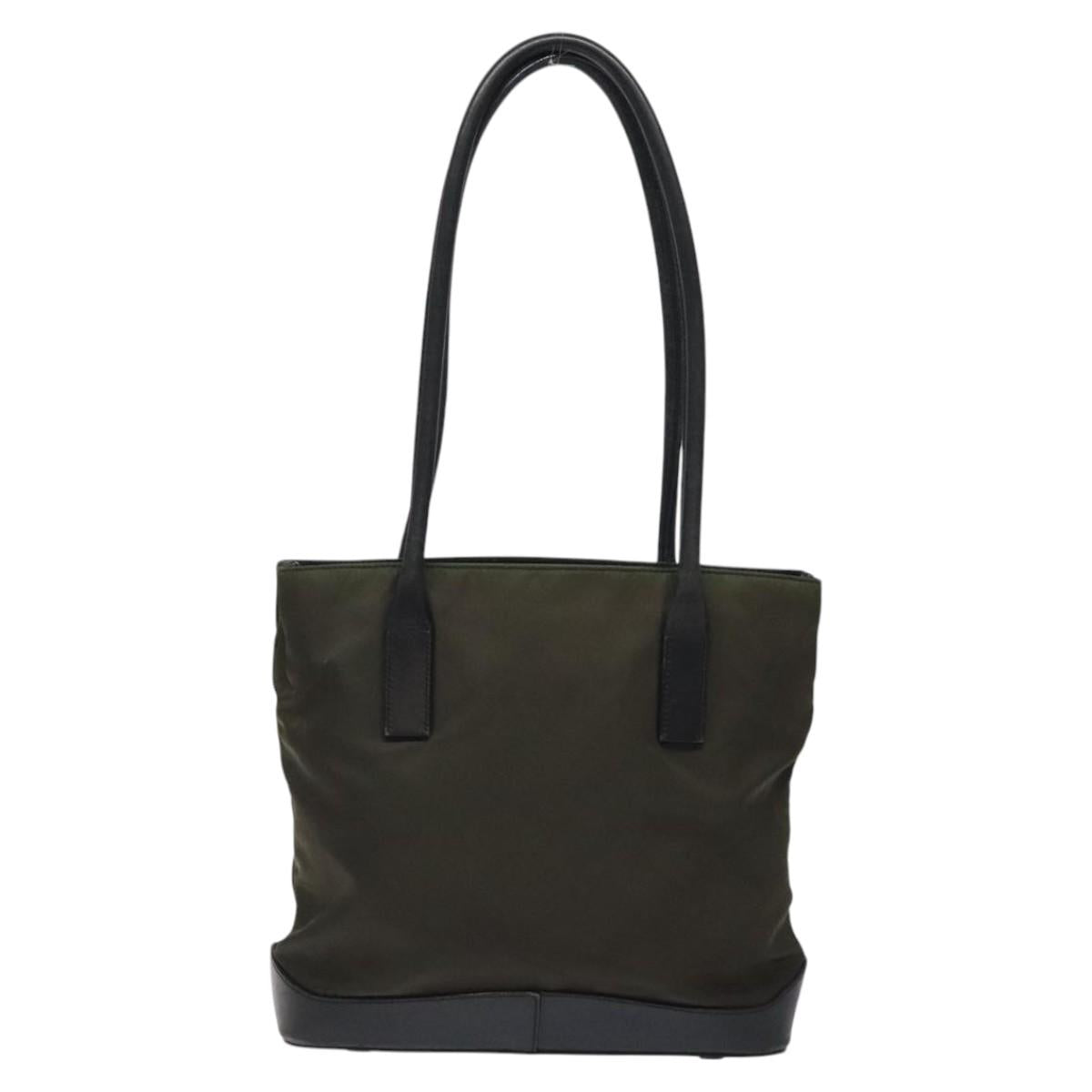 PRADA Tote Bag Nylon Khaki Silver Auth SW785