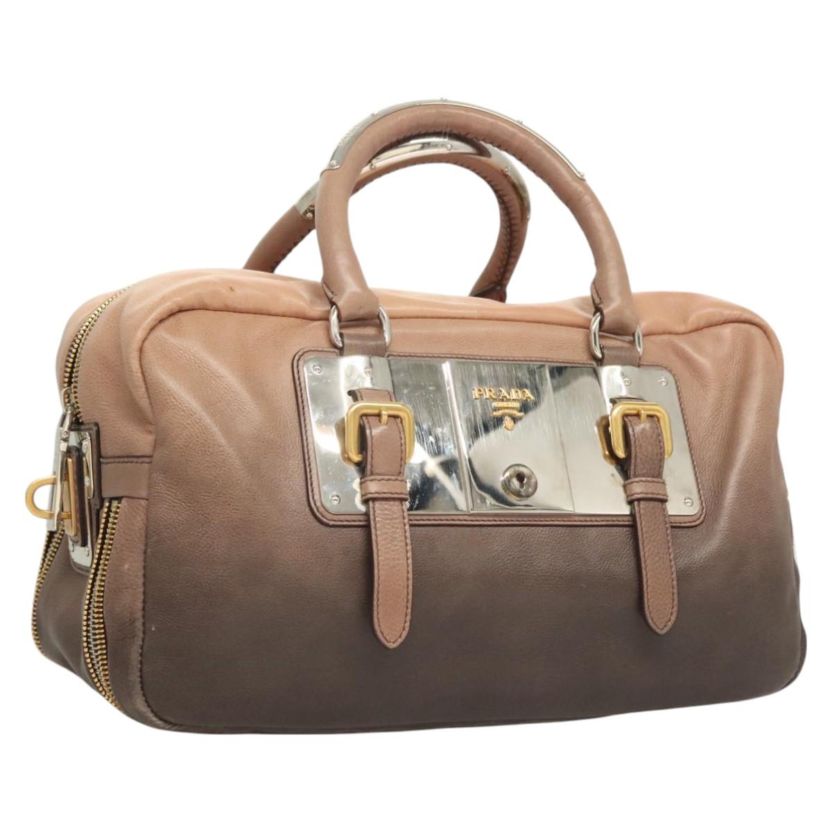 PRADA Hand Bag Leather Beige Gold Silver Auth SW797