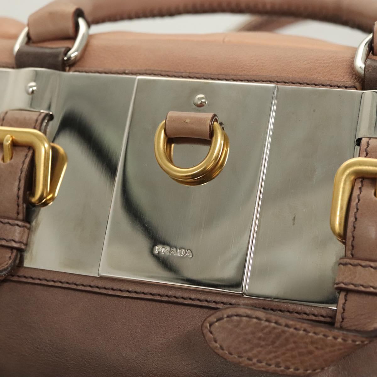 PRADA Hand Bag Leather Beige Gold Silver Auth SW797