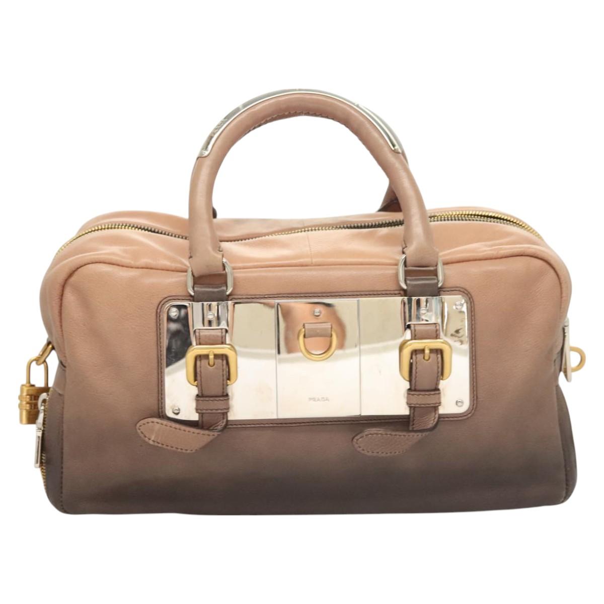 PRADA Hand Bag Leather Beige Gold Silver Auth SW797