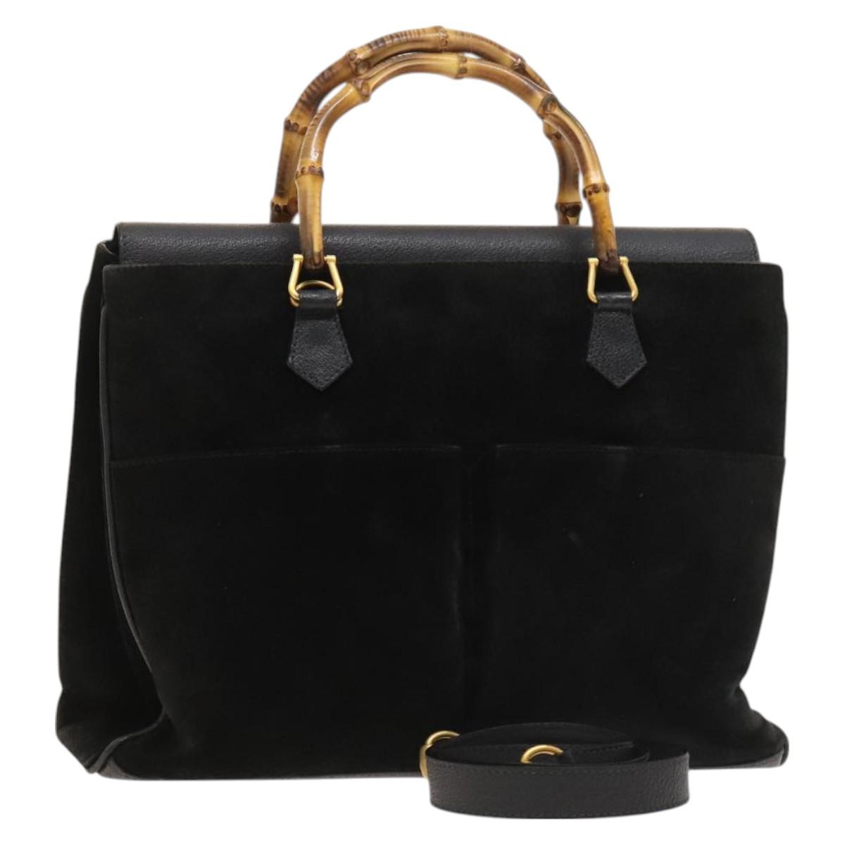 GUCCI Bamboo Hand Bag Suede 2way Black Gold 002 123 0322 Auth SW806